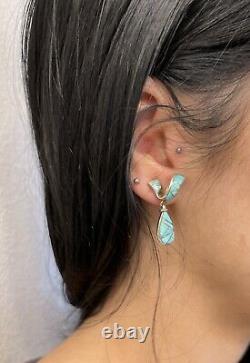 Sterling Silver Dangle Post Earrings Turquoise Inlay Native American Made