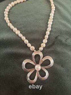 Sterling Silver Flower Pendant Pearl Necklace Made In Israel 12