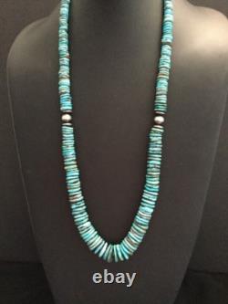 Sterling Silver Graduated Turquoise Bead Necklace. 34 Inch
