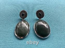 Sterling Silver Green Agate Oval Drop Earrings Made In Bali