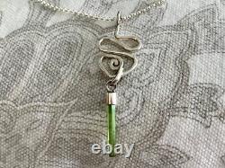 Sterling Silver Green Tourmaline Crystal with S. S. 1.4mm Rolo Chain Artisan Made