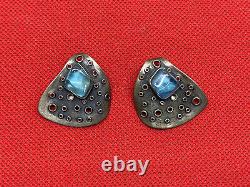 Sterling Silver H. Fred Skaggs Earrings Hand Made Clip On Vintage Blue Stone