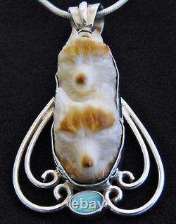 Sterling Silver Hand Carved Double Wolves Head Artisan Made Opal Pendant