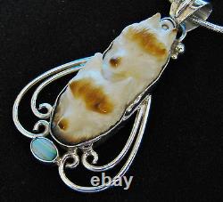 Sterling Silver Hand Carved Double Wolves Head Artisan Made Opal Pendant