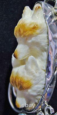 Sterling Silver Hand Carved Double Wolves Head Artisan Made Opal Pendant