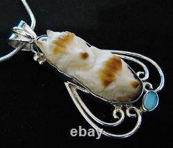 Sterling Silver Hand Carved Double Wolves Head Artisan Made Opal Pendant