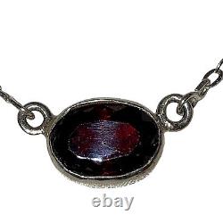 Sterling Silver Hand Made Artisan Bezel Set Faceted Red Garnet Oval Necklace