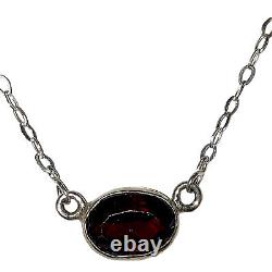 Sterling Silver Hand Made Artisan Bezel Set Faceted Red Garnet Oval Necklace