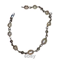 Sterling Silver Hand Made Artisan Cultured Pearl Diamond Cut Bead Bracelet