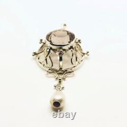 Sterling Silver Hand Made Kunzite Pearl & Ruby Pendant/ Lavalier