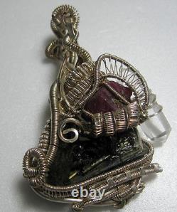 Sterling Silver Hand Made Spectacular Wire Wrap Tourmaline Quartz Ruby Pendant