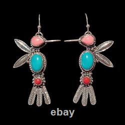 Sterling Silver Hummingbird Dangle Earrings Turquoise Pink Conch Shell Coral