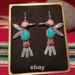 Sterling Silver Hummingbird Dangle Earrings Turquoise Pink Conch Shell Coral