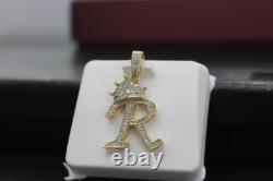 Sterling Silver Made 2Ct Simulated Diamond Custom R Crown Pendant Yellow Gold