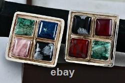 Sterling Silver Men's Hand Made Square Polished Gemstones Cufflinks