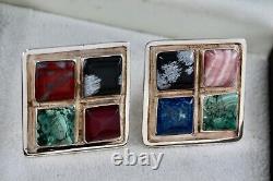 Sterling Silver Men's Hand Made Square Polished Gemstones Cufflinks