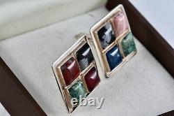 Sterling Silver Men's Hand Made Square Polished Gemstones Cufflinks