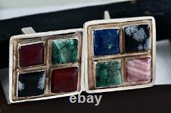 Sterling Silver Men's Hand Made Square Polished Gemstones Cufflinks