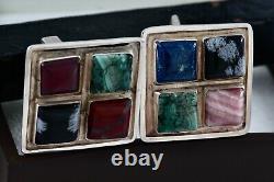 Sterling Silver Men's Hand Made Square Polished Gemstones Cufflinks