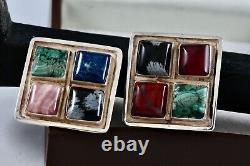 Sterling Silver Men's Hand Made Square Polished Gemstones Cufflinks