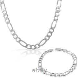 Sterling Silver Mens Figaro Link Chain Necklace Bracelet Set Made in Italy