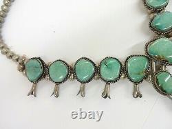 Sterling Silver Navajo Hand Made Bead Turquoise Squash Blossom Necklace 141g