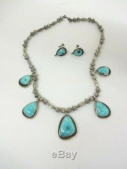 Sterling Silver Navajo Hand Made Bead Turquoise Squash Blossom Necklace 19.75