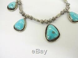 Sterling Silver Navajo Hand Made Bead Turquoise Squash Blossom Necklace 19.75