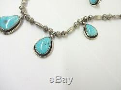 Sterling Silver Navajo Hand Made Bead Turquoise Squash Blossom Necklace 19.75