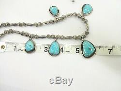 Sterling Silver Navajo Hand Made Bead Turquoise Squash Blossom Necklace 19.75