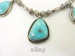 Sterling Silver Navajo Hand Made Bead Turquoise Squash Blossom Necklace 19.75