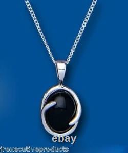 Sterling Silver Onyx Pendant 18 Chain Oval Solitaire 925 Hallmark British Made