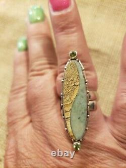 Sterling Silver Ring With Jasper And Peridot Long! 1.76 Size 8 well made unique