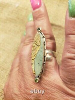Sterling Silver Ring With Jasper And Peridot Long! 1.76 Size 8 well made unique