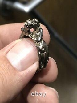 Sterling Silver Rude Erotic Kiss Reach-around Ring Hand Made Size P 1/2 Funny