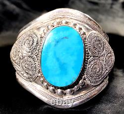 Sterling Silver Turquoise Cuff Bracelet Hand Made Large Stone SPECTACULAR