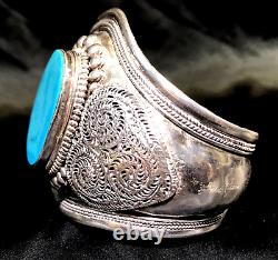 Sterling Silver Turquoise Cuff Bracelet Hand Made Large Stone SPECTACULAR