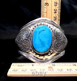 Sterling Silver Turquoise Cuff Bracelet Hand Made Large Stone SPECTACULAR