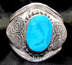 Sterling Silver Turquoise Cuff Bracelet Hand Made Large Stone SPECTACULAR