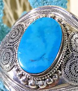 Sterling Silver Turquoise Cuff Bracelet Hand Made Large Stone SPECTACULAR