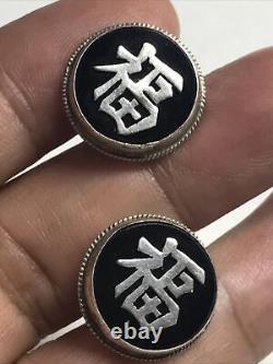 Sterling Silver screw back chinese happiness Onyx earrings Made In Hong Kong