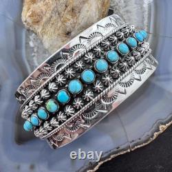 Sterling Southwestern Style Turquoise Single Row Stamped Decorated Bracelet