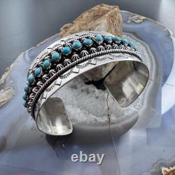 Sterling Southwestern Style Turquoise Single Row Stamped Decorated Bracelet