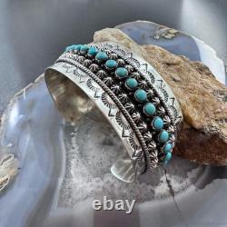 Sterling Southwestern Style Turquoise Single Row Stamped Decorated Bracelet