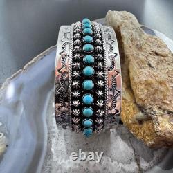 Sterling Southwestern Style Turquoise Single Row Stamped Decorated Bracelet