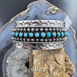 Sterling Southwestern Style Turquoise Single Row Stamped Decorated Bracelet