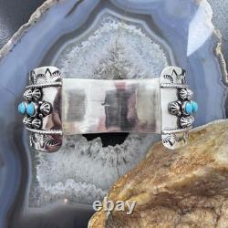 Sterling Southwestern Style Turquoise Single Row Stamped Decorated Bracelet
