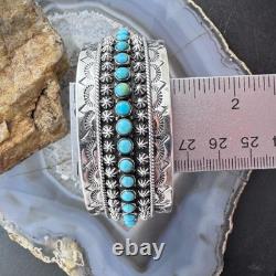 Sterling Southwestern Style Turquoise Single Row Stamped Decorated Bracelet