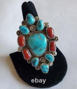 Striking Large Vintage Hand Made Sterling Silver & Turquoise & Coral Ring