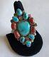 Striking Large Vintage Hand Made Sterling Silver & Turquoise & Coral Ring